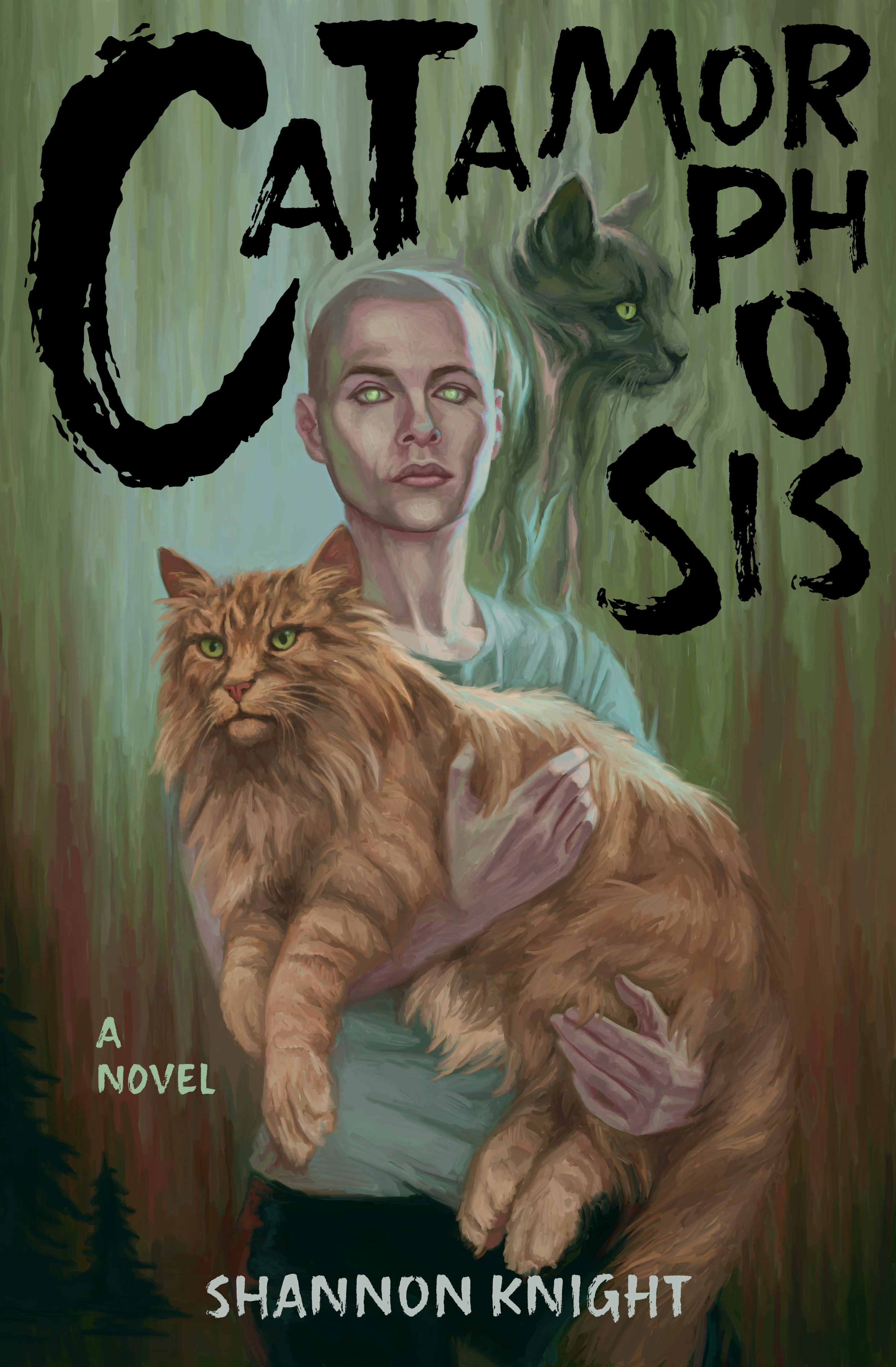 Book cover of Catamorphosis by Shannon Knight. Illustration by Candra Hope. Realistic painting of a bald woman with glowing eyes holding a large, ginger tabby cat. A gray cat is emerging from the woman's head. The painting feels creepy.