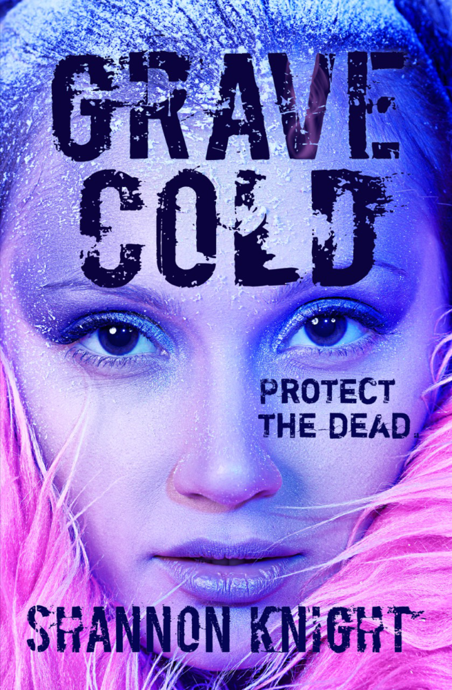 Book cover of Grave Cold by Shannon Knight. Protect the Dead. Cover photo by Kiselev Andrey Valerevich. Photo is a close-up of a beautiful white woman' face. She is wearing dramatic violet makeup and covered in frost. The lighting is violet, and a hot pink faux fur frames her face. The typography is in a distressed font.