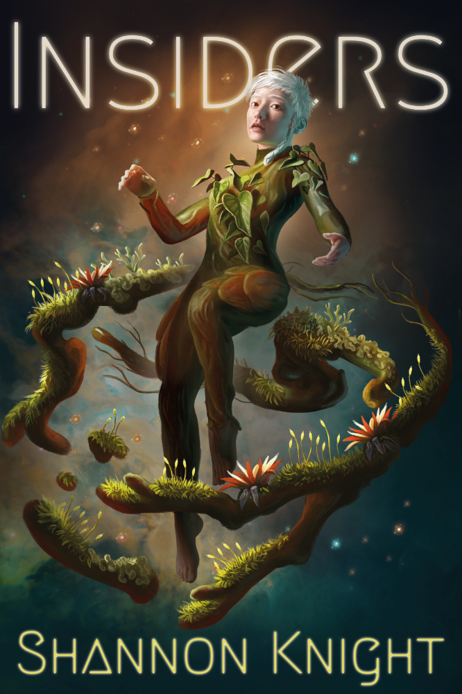 Book cover of Insiders by Shannon Knight. Illustration by Isabeau Backhaus. Realistic painting of a young woman wearing a plant suit floating in space. The woman is Asian with short white hair. She is surrounded by a ring of plants covered in epiphytes. There is a glowing nebula behind her. The image creates a sense of wonder.