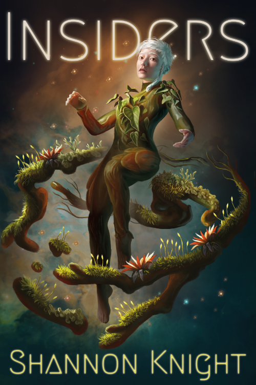 Book cover of Insiders by Shannon Knight. Illustration by Isabeau Backhaus. Realistic painting of a young woman wearing a plant suit floating in space. The woman is Asian with short white hair. She is surrounded by a ring of plants covered in epiphytes. There is a glowing nebula behind her. The image creates a sense of wonder.