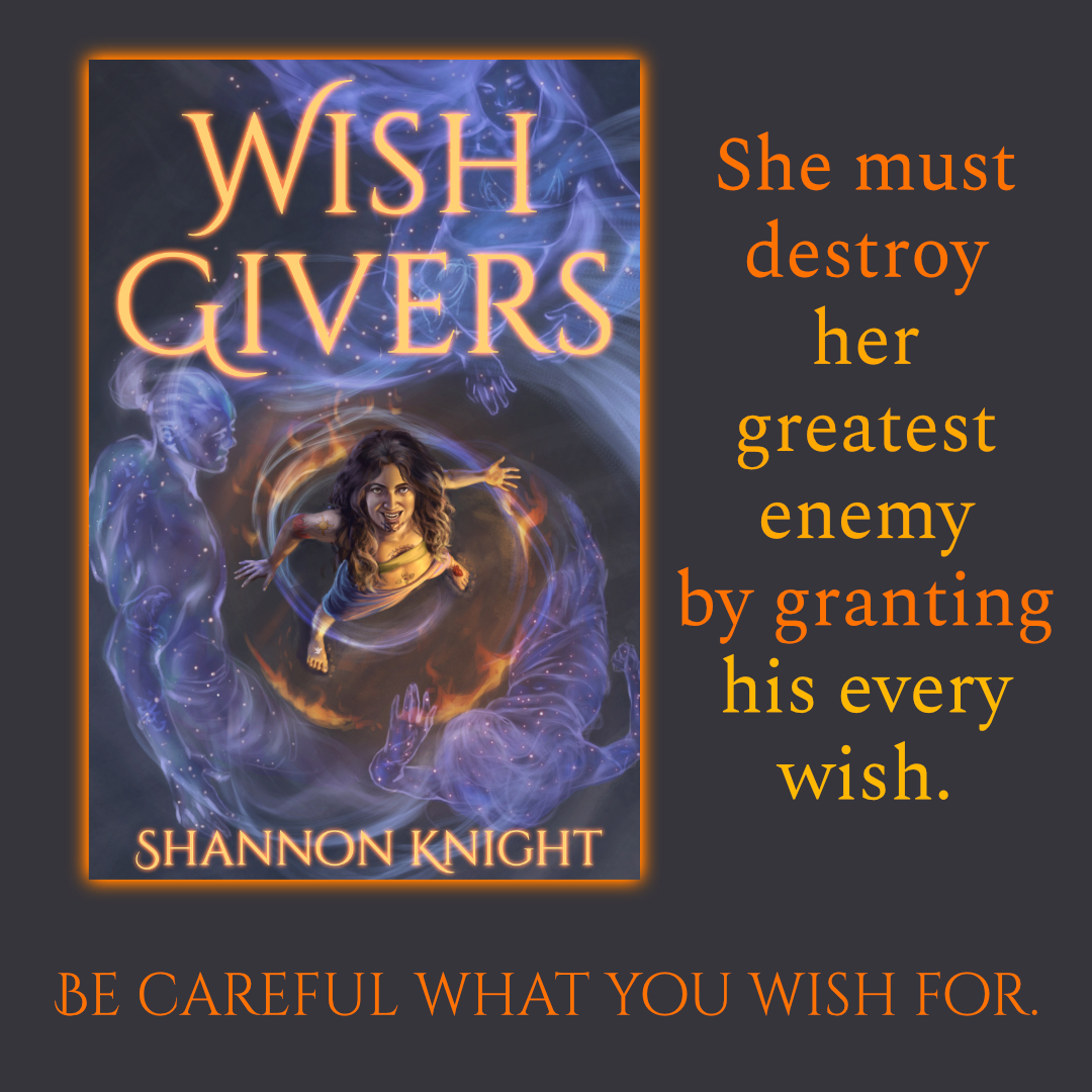 She must destroy her greatest enemy by granting his every wish. Be careful what you wish for. Book cover of Wish Givers by Shannon Knight. Illustration by Elizabeth Peiró. Realistic painting of a Polynesian woman smiling up at the viewer. She is surrounded by a ring of fire and an upward spiral of sparkling ghosts.
