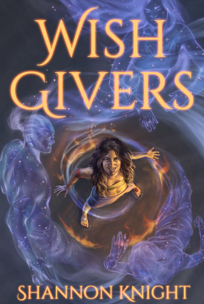 Book cover of Wish Givers by Shannon Knight. Art by Elizabeth Peiró. Realistic painting of a tattooed Polynesian woman smiling up at the viewer. The perspective is unusual, looking almost straight down on the woman. She is surrounded by a ring of fire and an upward spiral of sparkling ghosts. The image creates a feeling of wonder. The title is in a glowing fantasy font.