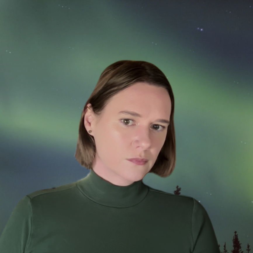 Photo of Shannon Knight. A white woman with dark eyes and chin-length dark hair wearing a dark green mock turtleneck, green stud earrings, and gold ear cuffs stares into space. The backdrop is green and blue aurora borealis with some evergreens showing. Shannon has a symmetrical face and glowing skin.