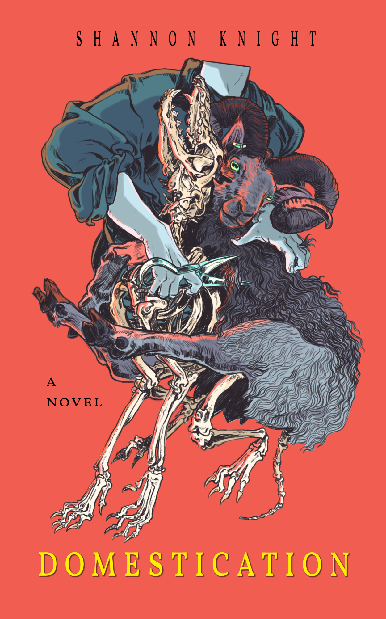 Book cover of Domestication by Shannon Knight. Cover illustration by Savanna Mayer. Illustration is in a comic style with rough lines and bright colors. A headless form holds shears next to a ram with curling horns and wavy wool. A skeleton emerges from the sheep. However, the skeleton is of a wolf-like creature. The typography is in a sleed, modern font, yellow on a red background.